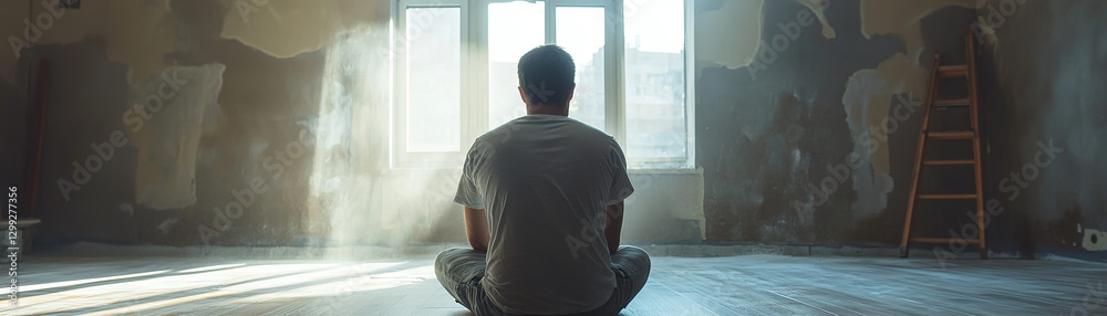 Contemplative reflection abandoned room photography indoor rear view solitude and mindfulness Contemplative reflection abandoned room photography indoor rear view solitude and mindfulness