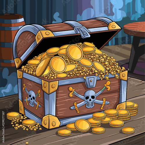 An overflowing pirate treasure chest filled with shiny gold coins and jewels, set in a mysterious, atmospheric setting.
