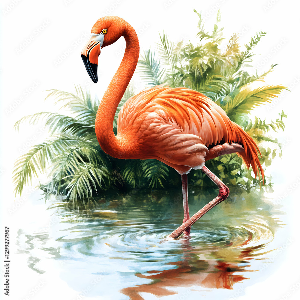 Fototapeta premium Vibrant flamingo standing gracefully in tranquil waters surrounded by lush greenery. Generative AI