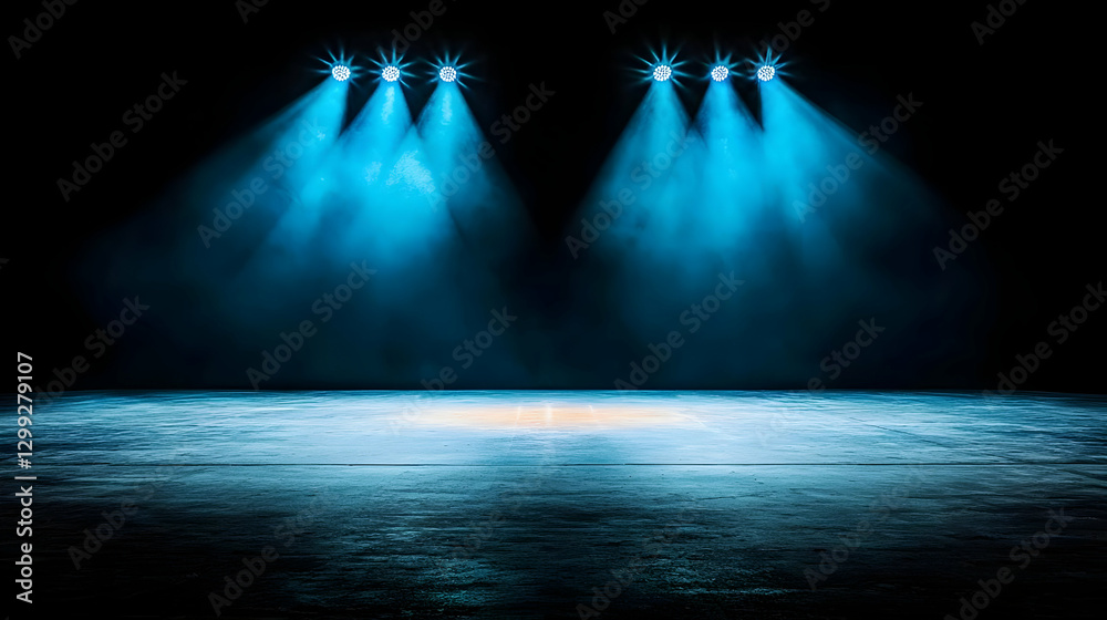 Obraz premium Blue Spotlights Shine Down on a Water Surface with Abstract Reflections and Dark Background