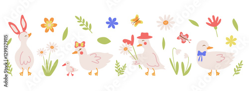 A set of flat illustrations of geese, ducks with flowers and Easter holiday symbols. Daisies, hearts, cute characters and rabbit ears