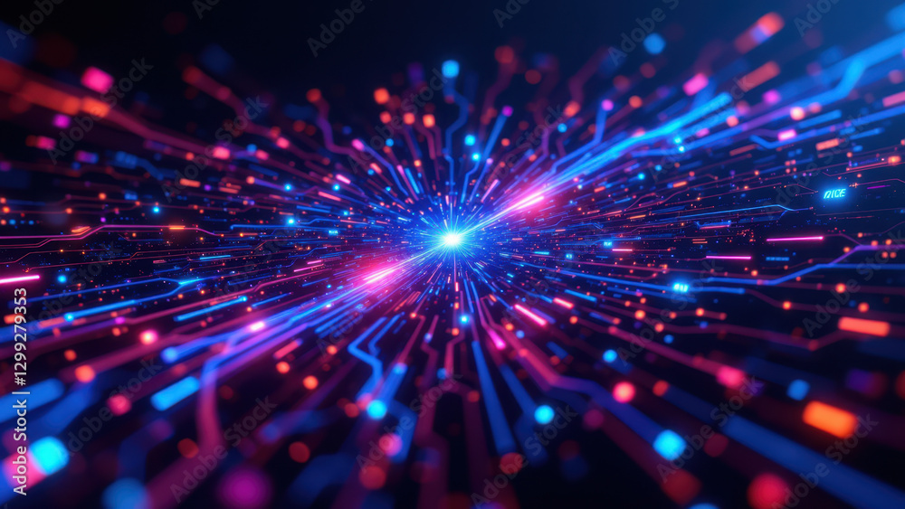 Fototapeta premium Futuristic digital network with vibrant colors representing cloud computing technology and IT infrastructure.