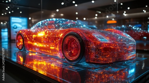 Futuristic Transparent Car with Illuminated Circuitry: A Glimpse into Automotive Innovation and Digital Design, Reflecting Advanced Technology and Modern Aesthetics