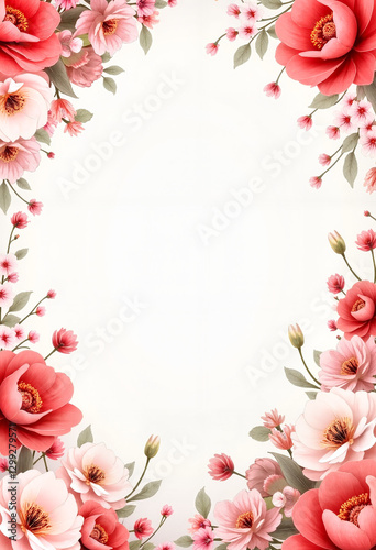 Floral frame with red and pink flowers and ample copy space for mockup design