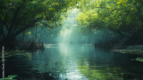 Serene nature reflection lush forest landscape photography tranquil environment eye-level view peaceful concept