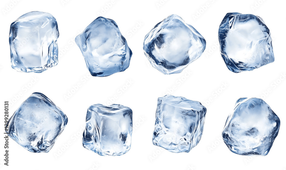 Naklejka premium Set of realistic ice cubes isolated on a transparent background. High-resolution frozen water textures with natural imperfections, ideal for beverage branding, cocktails, and refreshing drink designs.