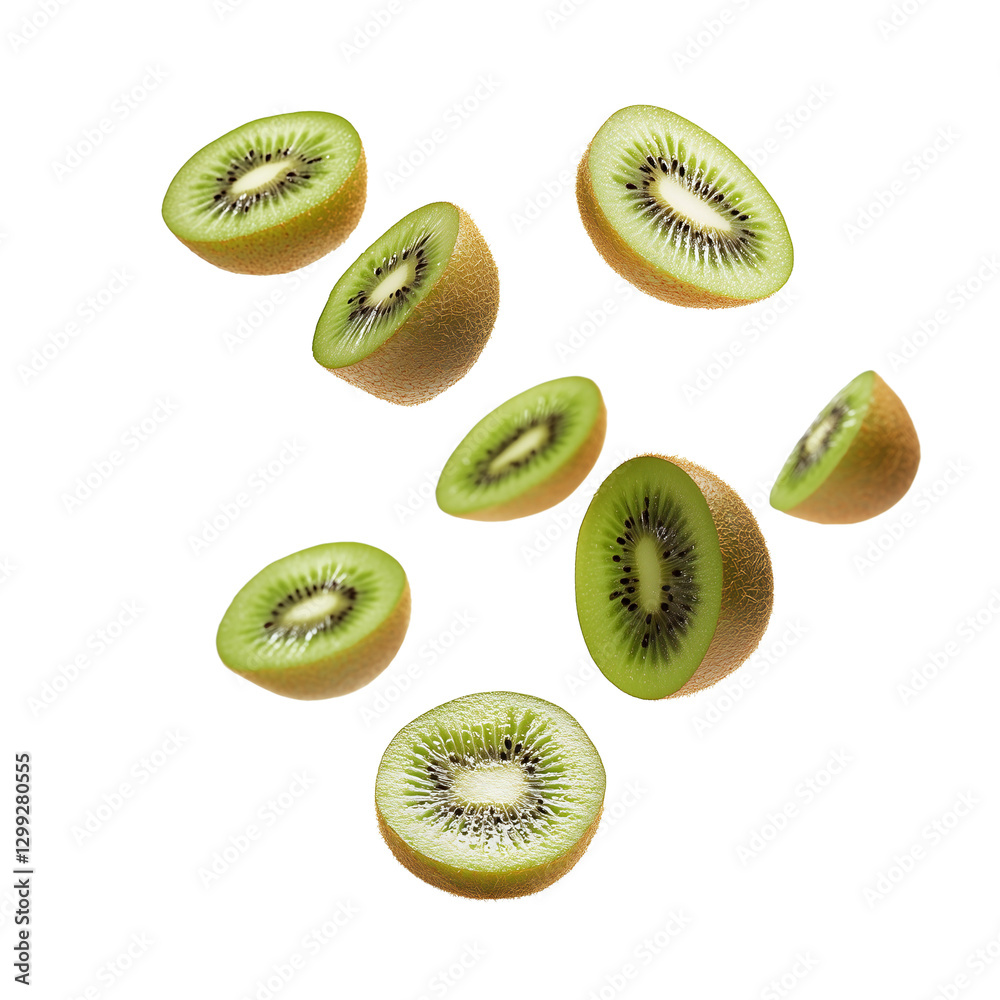 Fototapeta premium Floating slices of fresh kiwi fruit isolated on a transparent background. Juicy green texture with seeds and fuzzy skin, perfect for food packaging, advertisements, and healthy lifestyle designs.