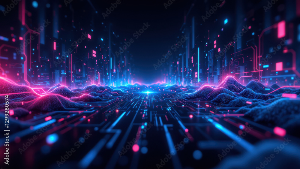 Obraz premium Futuristic technology network with vibrant colors and abstract shapes representing digital infrastructure like Ci/cd, Docker, Kubernetes, DevOps.