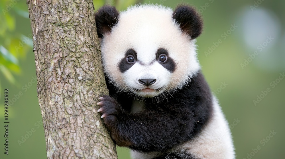 Fototapeta premium Cute baby panda clinging to tree trunk in nature