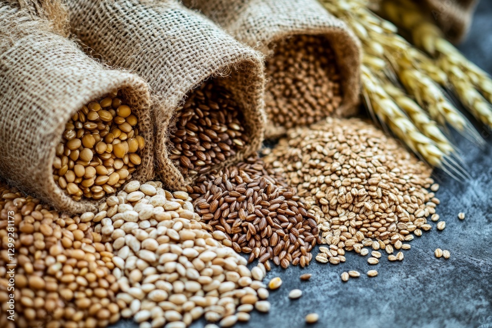 Obraz premium Variety of raw grains in burlap bags on rustic surface