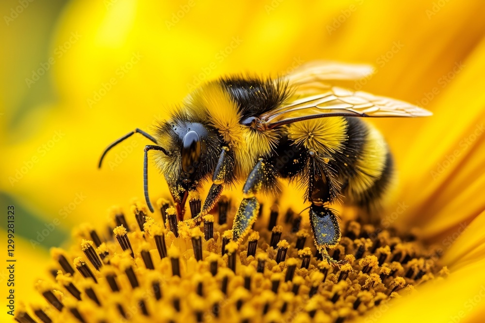 Close-up of fuzzy bumblebee pollinating vibrant yellow sunflower in bloom Close-up of fuzzy bumblebee pollinating vibrant yellow sunflower in bloom