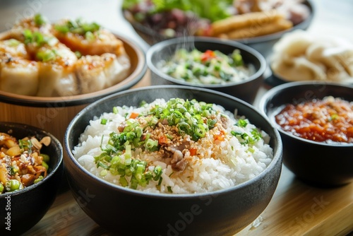 Asian cuisine: steamed rice with dumplings and spicy sauces in bowls