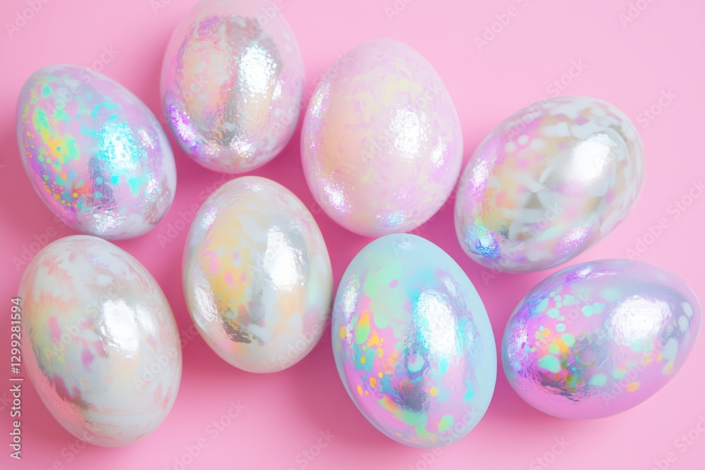 Iridescent Easter Eggs on Pastel Pink Background Iridescent Easter Eggs on Pastel Pink Background