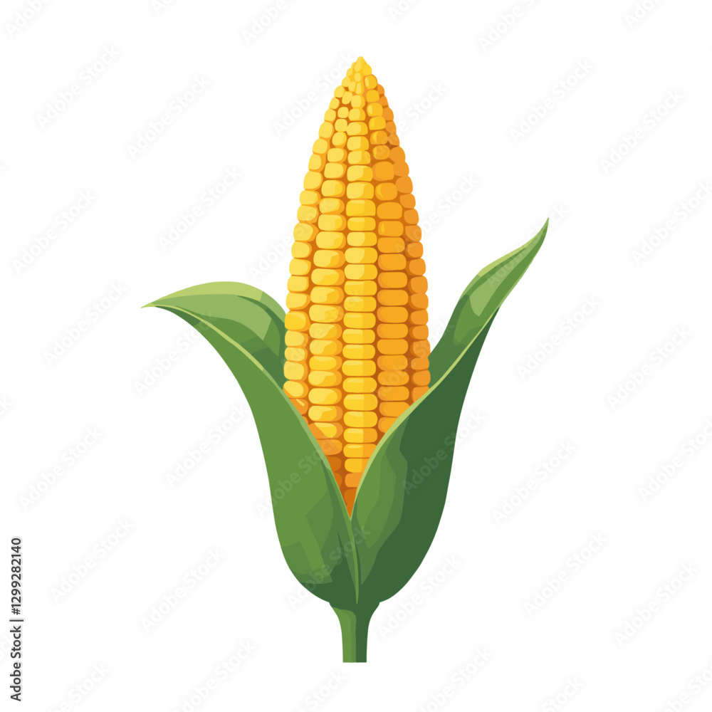 Obraz premium A vibrant illustration presents a whole ear of corn complete with green husk leaves rendered in a charming flat vector style