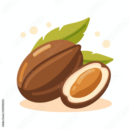 Stylized illustration of two whole and sliced shea nuts with two leaves with neutral color palette in an isolated background