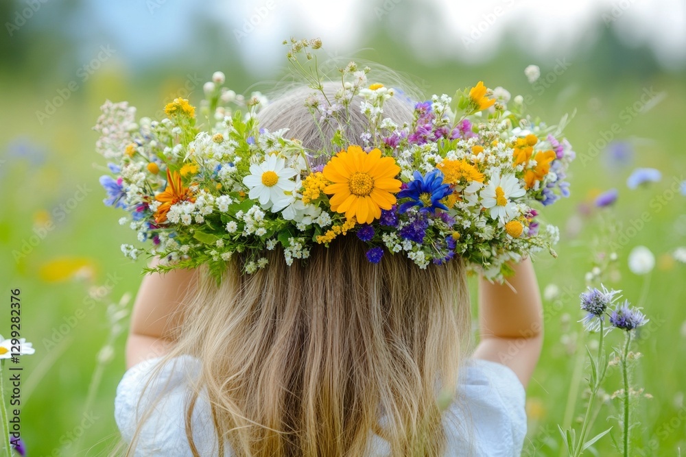 Naklejka premium Blonde caucasian child wearing colorful floral crown in blooming meadow