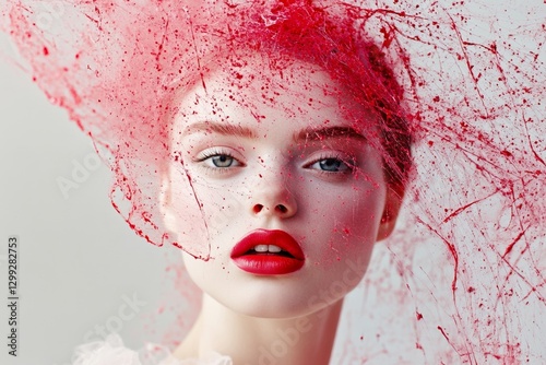 Artistic portrait of young caucasian female with red paint splatter effect