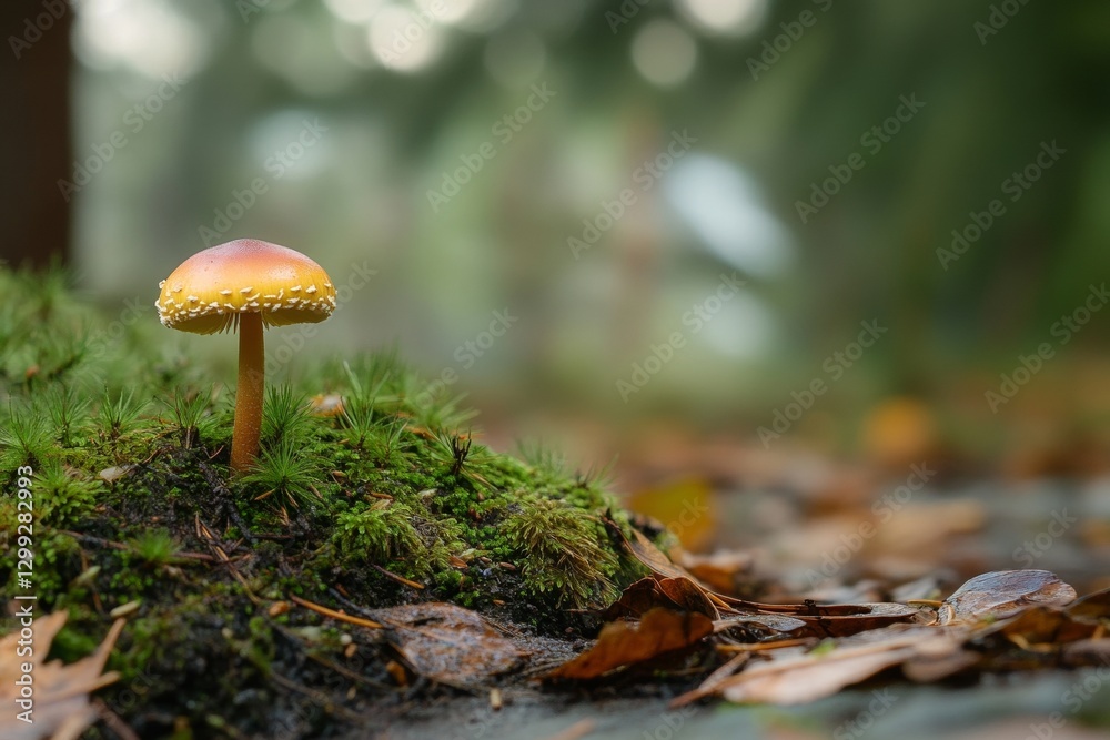 Vibrant mushroom growing in mossy forest under soft natural light Vibrant mushroom growing in mossy forest under soft natural light