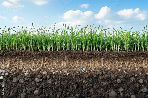 Cross-section of healthy soil with wheat roots and earth layers under blue sky