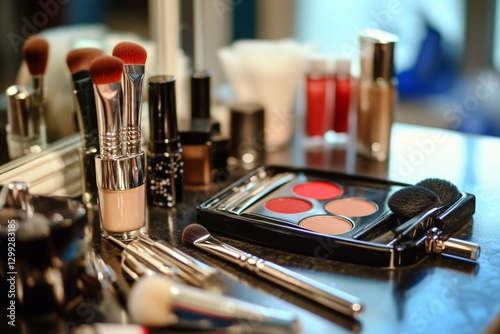 Assorted makeup and brushes on a vanity with lipsticks and powder palettes