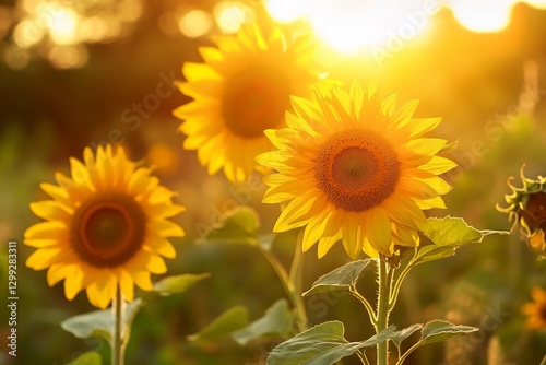 Sunlit sunflowers in bloom during golden hour in a tranquil garden setting