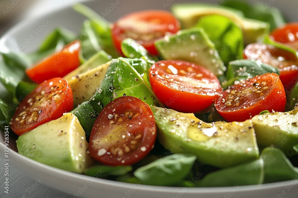 Fresh avocado tomato spinach salad on plate, healthy eating Fresh avocado tomato spinach salad on plate, healthy eating