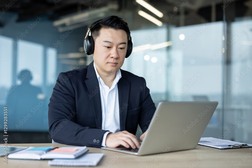 A serious young Asian man in a business suit and headphones is concentrating on working on a laptop in the office A serious young Asian man in a business suit and headphones is concentrating on working on a laptop in the office