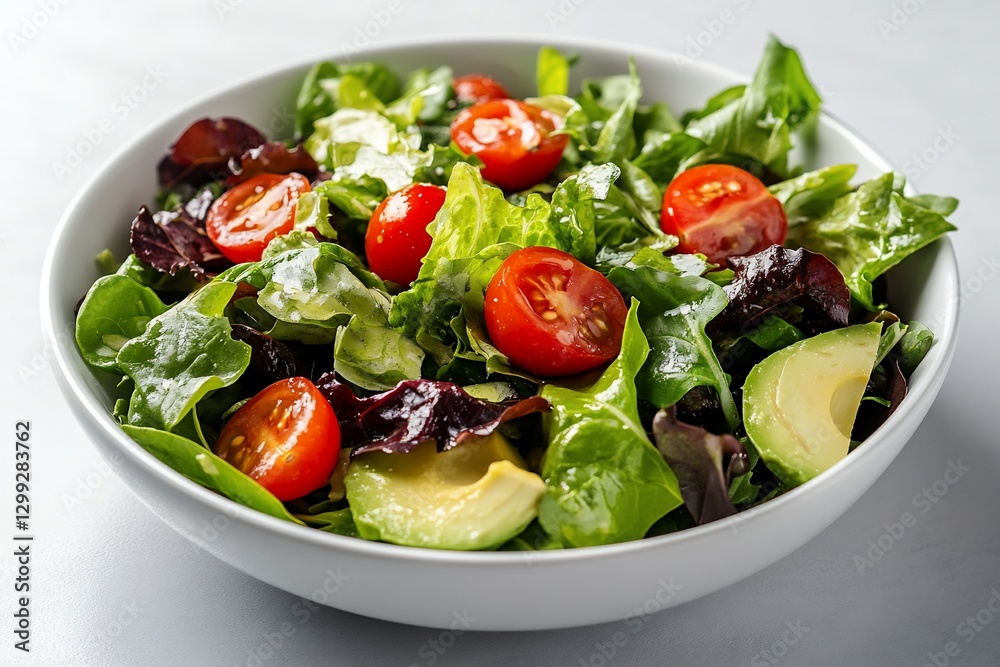 Fresh mixed greens salad with cherry tomatoes and avocado in white bowl on light gray surface Fresh mixed greens salad with cherry tomatoes and avocado in white bowl on light gray surface