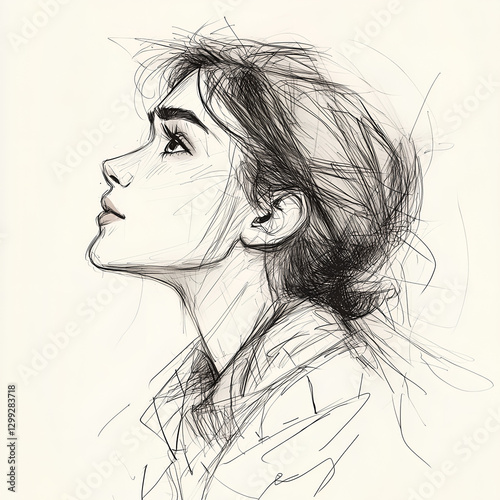 Isolated portrait of a young woman in profile, gazing upward with a thoughtful and hopeful expression. 