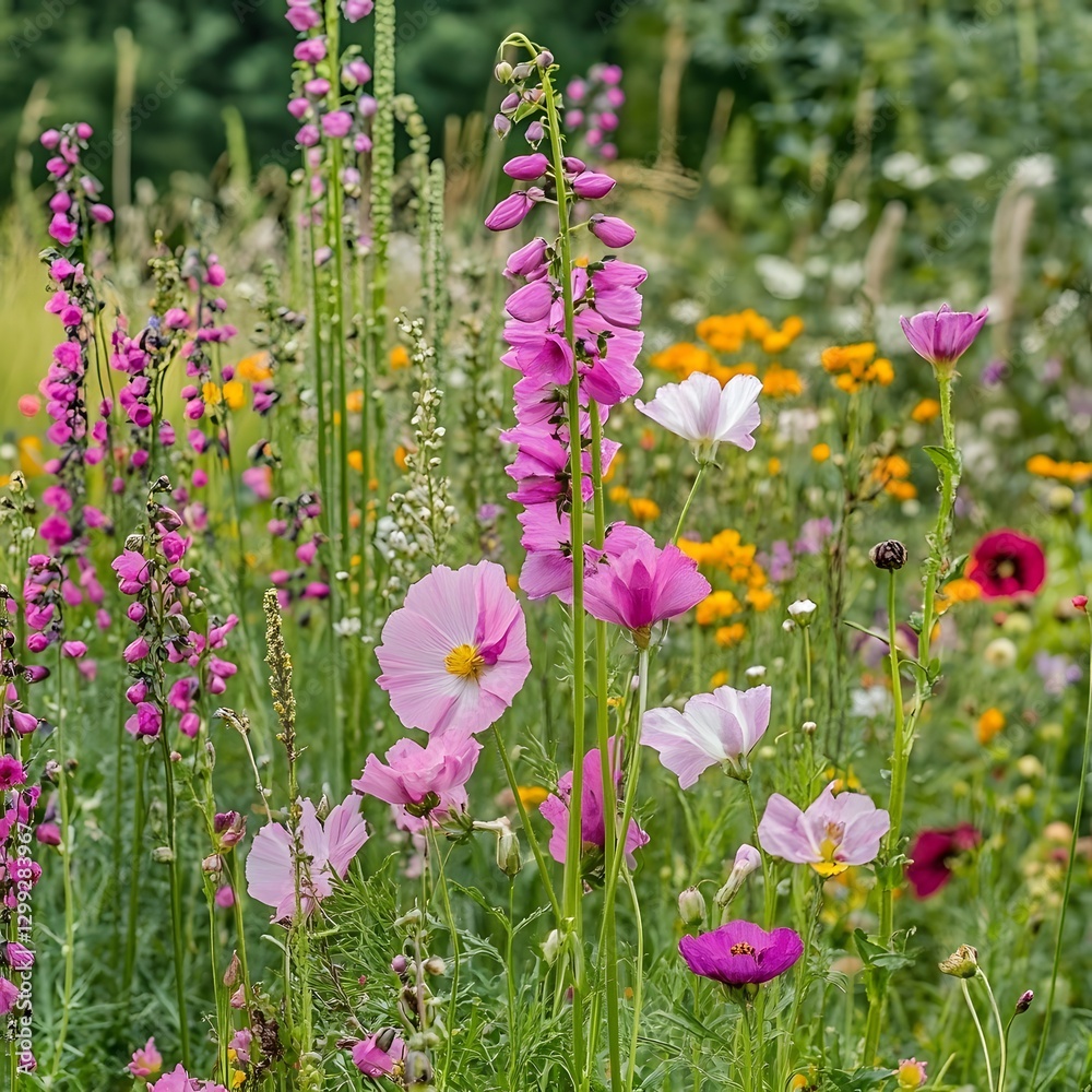 Fototapeta premium Vibrant Wildflower Meadow Blooming Summer Cosmos Flowers