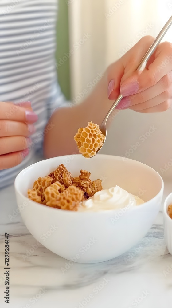 Honey Comb Breakfast: Capturing the simple joy of breakfast with a honeycomb and yogurt, a person enjoy a light and tasty breakfast Honey Comb Breakfast: Capturing the simple joy of breakfast with a honeycomb and yogurt, a person enjoy a light and tasty breakfast