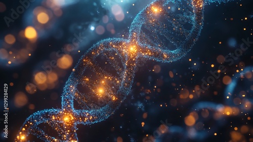 Glow of genetic code: A stunning 3D rendering of a DNA double helix with vibrant blue strands and shining golden highlights in a dark, sparkling molecular environment.