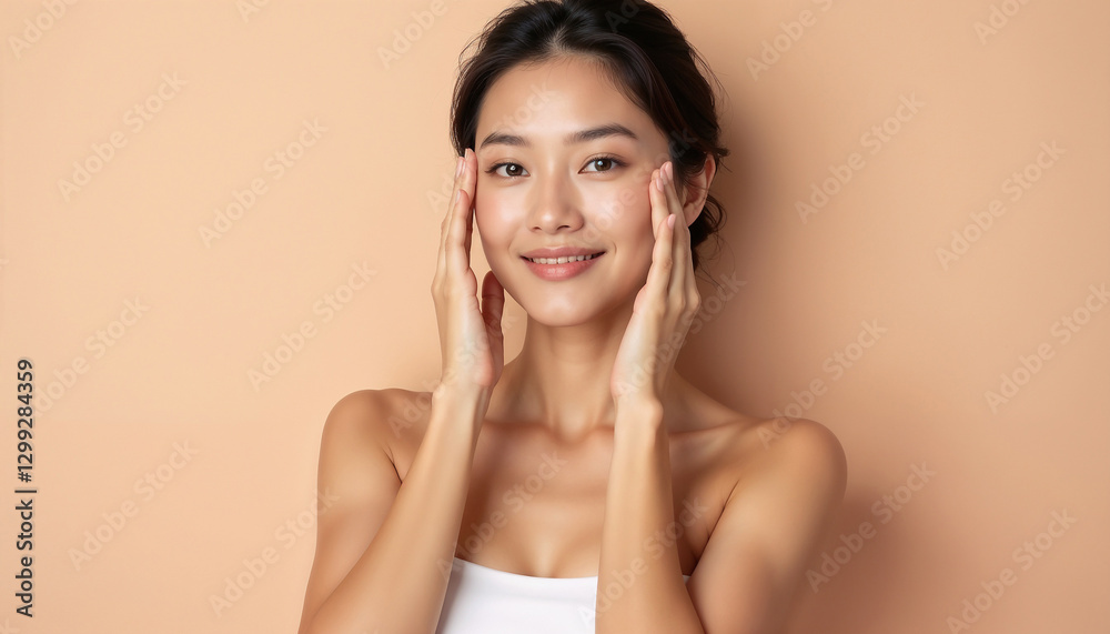 Beautiful young woman expressing happiness while posing against a soft peach background. Ideal for promoting beauty and skincare. Beautiful young woman expressing happiness while posing against a soft peach background. Ideal for promoting beauty and skincare.