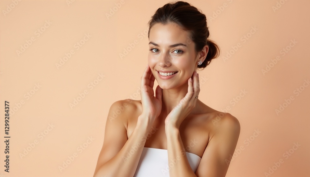 Beautiful young woman expressing happiness while posing against a soft peach background. Ideal for promoting beauty and skincare. Beautiful young woman expressing happiness while posing against a soft peach background. Ideal for promoting beauty and skincare.