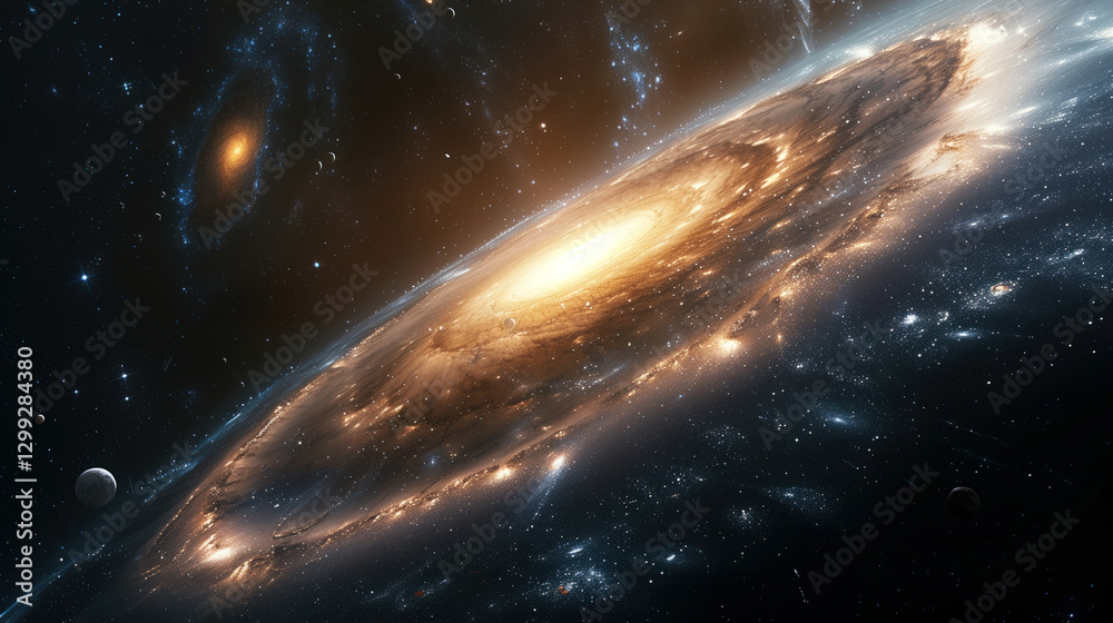 Obraz premium A spiral galaxy in deep space with glowing stars and cosmic dust, creating a dramatic and vast celestial scene