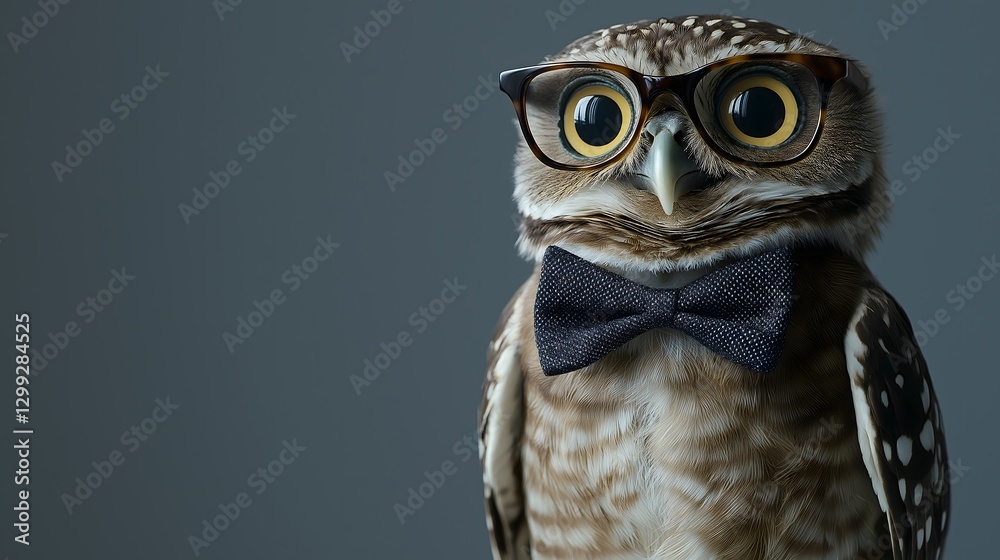 Fototapeta premium A fashionable owl, sporting a dapper bow tie and smart glasses, strikes a confident pose in front of a sleek gray backdrop