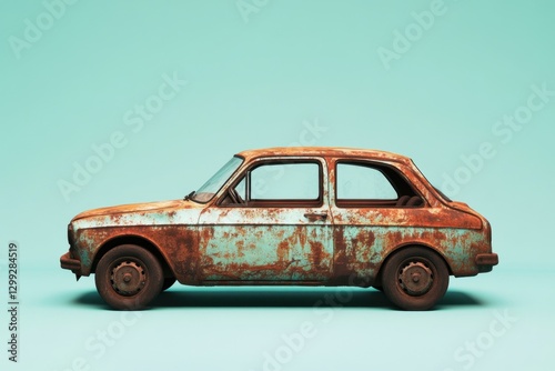 A rusty and old vehicle is set against a bright blue backdrop