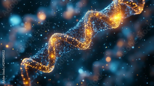Golden Helix: A Luminous DNA Strand Abstract with Bokeh Lights, Representing Science, Technology, and Microscopic Wonders in a Mesmerizing Visual Narrative.