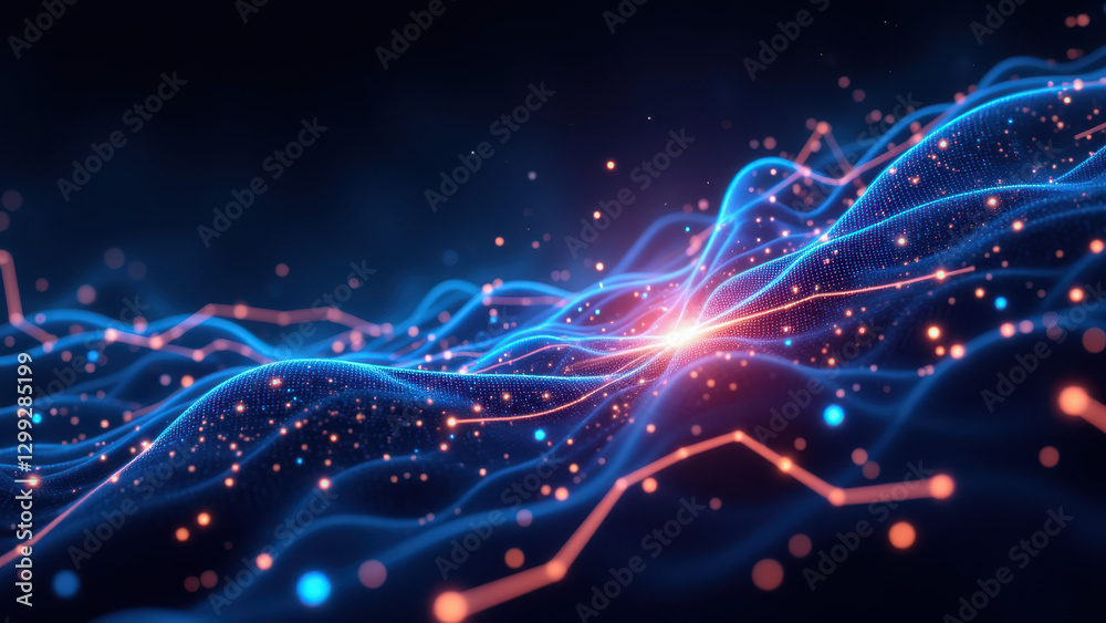 Fototapeta premium A vibrant digital abstract with blue and orange hues representing cloud-based computing concepts such as ci/cd, Docker, Kubernetes, and DevOps.