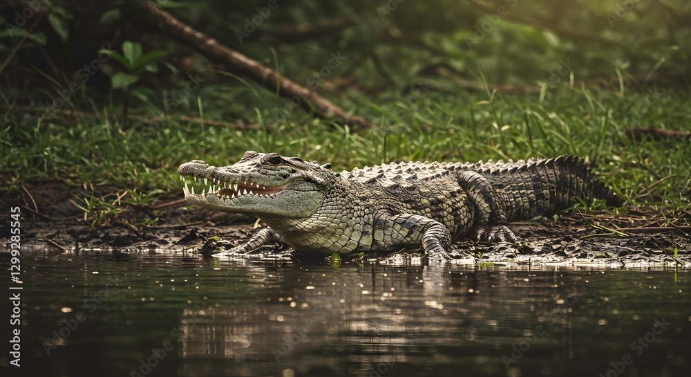 Alligator Resting at Water's Edge in Natural Habitat with Open Mouth Alligator Resting at Water's Edge in Natural Habitat with Open Mouth