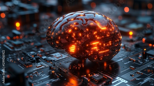 Illuminated Artificial Intelligence: A Futuristic Brain Circuitry Concept with Glowing Connections on a Complex Motherboard Background. 