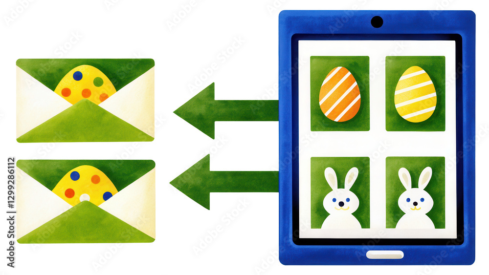 Easter Greetings Sent Digitally Colorful Eggs and Bunnies on Tablet Easter Greetings Sent Digitally Colorful Eggs and Bunnies on Tablet