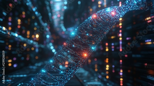 Illuminated DNA Helix: Abstract Representation of Genetic Code and Technological Advancement, showcasing vibrant blue, orange, and red lights against a blurred, dark background.