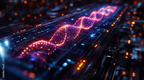 Illuminated Digital DNA Strand Flowing Through Complex Circuitry: A Vision of Genetic Technology and Future Innovation in a High-Tech Environment.