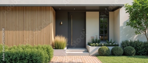 Minimalist entrance view featuring stylish wooden paneling, sleek gray door, and vibrant landscaping with greenery, creating an inviting and contemporary ambiance for a modern home.

