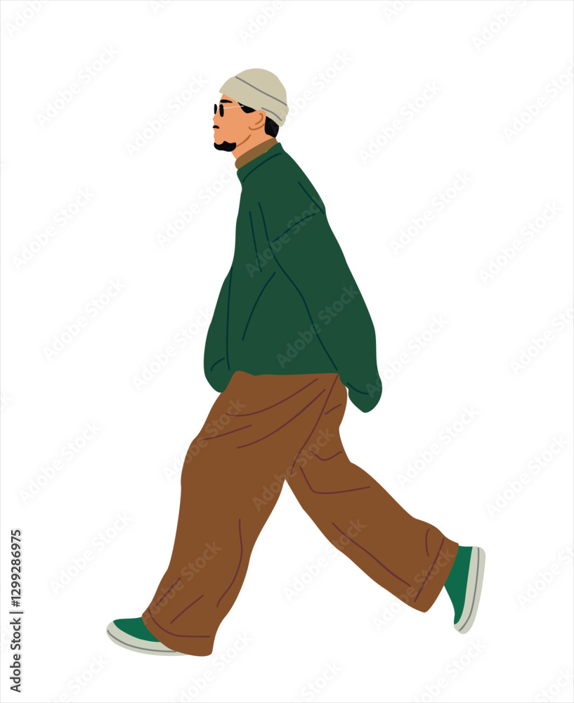Young stylish man walking side view. Asian man wearing modern street fashion outfit, sneakers, beanie hat, sunglasses. Cartoon male character vector realistic illustration isolated on white background Young stylish man walking side view. Asian man wearing modern street fashion outfit, sneakers, beanie hat, sunglasses. Cartoon male character vector realistic illustration isolated on white background
