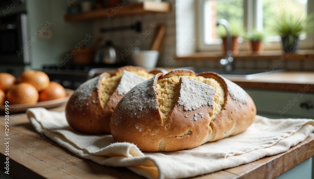 Freshly Baked Bread Loaves with Warm Kitchen Backdrop Freshly Baked Bread Loaves with Warm Kitchen Backdrop