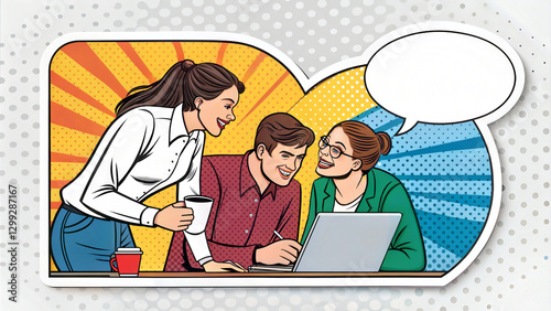 Happy team working together in office pop art style