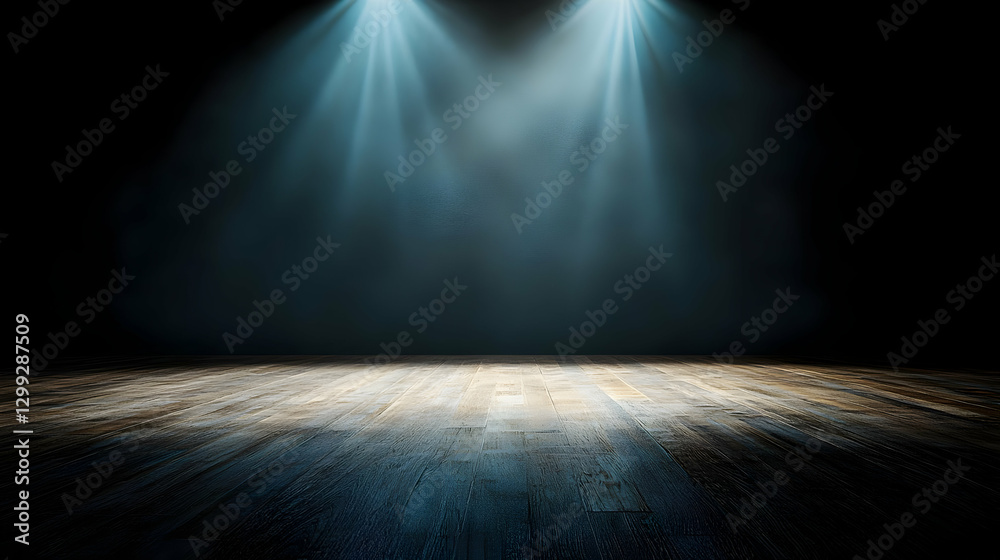 Obraz premium Dark Stage Illuminated By Bright Blue Spotlights With Textured Floor and Empty Space