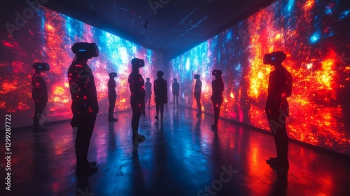 Immersive VR Experience: A Group of People Wearing VR Headsets Standing in a Room Surrounded by Abstract Digital Art on Walls, Experiencing Virtual Reality